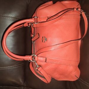 Auth MCM Red Satchel Bag